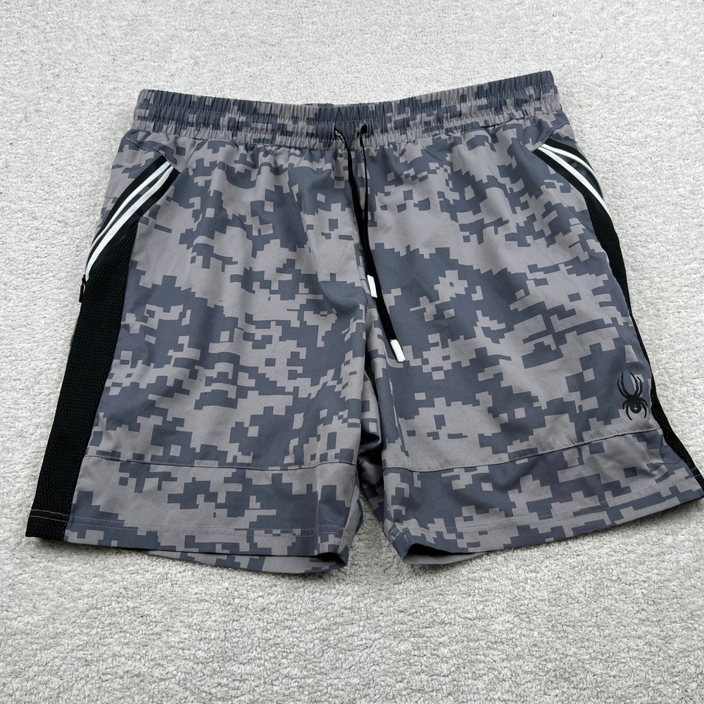 Spyder Active Mens XL Grey Digital Camo Athletic Shorts Zipper Pockets Army